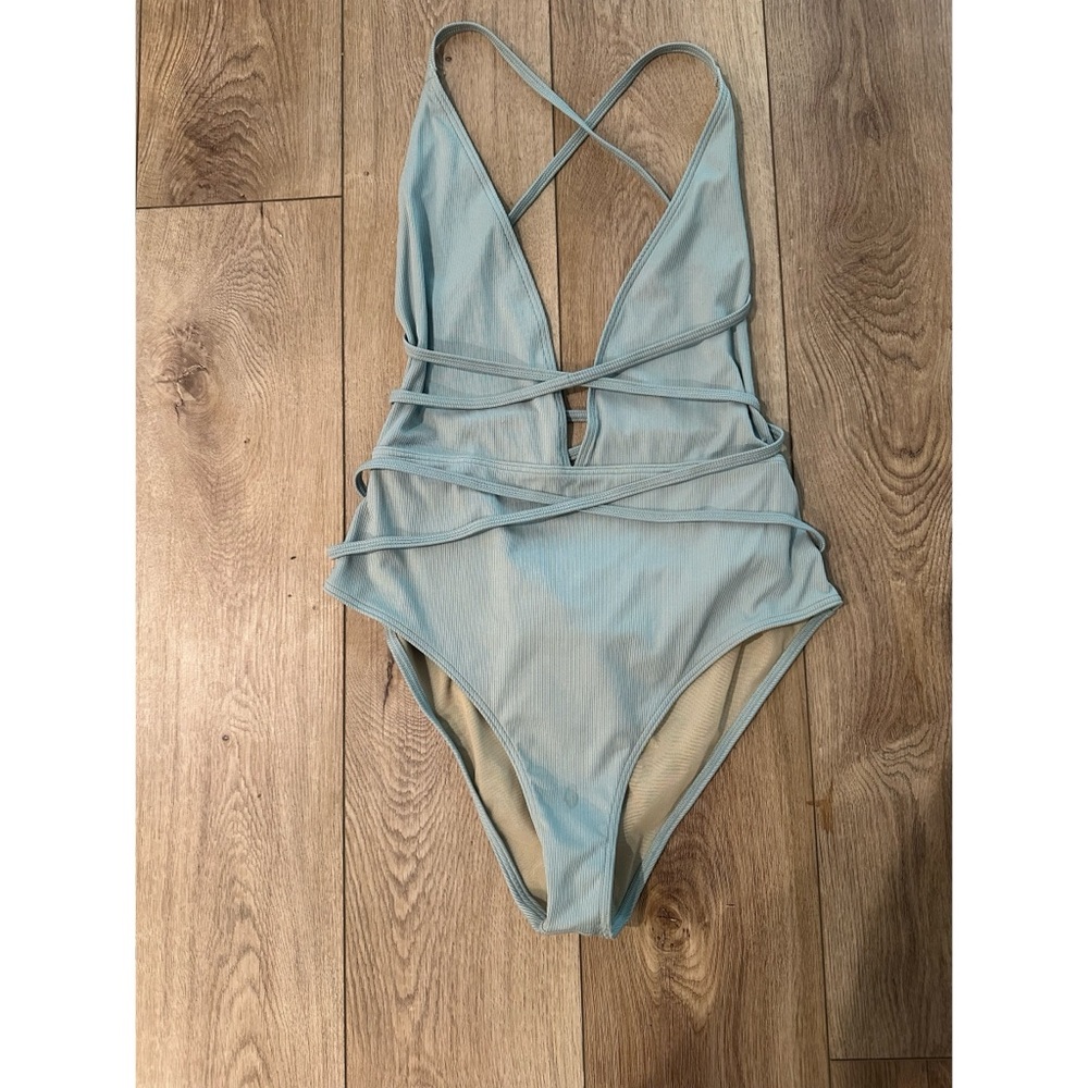OW plunging baby blue one piece tie around swimsuit large